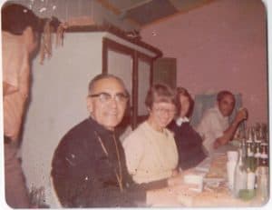 St. Romero with, l-r, Sr. Joan (Maryknoll), Cindy Brennan (CLAM Team), Fr. Ken Myers, village festival, c 1977-8, photo by Cindy Drennan